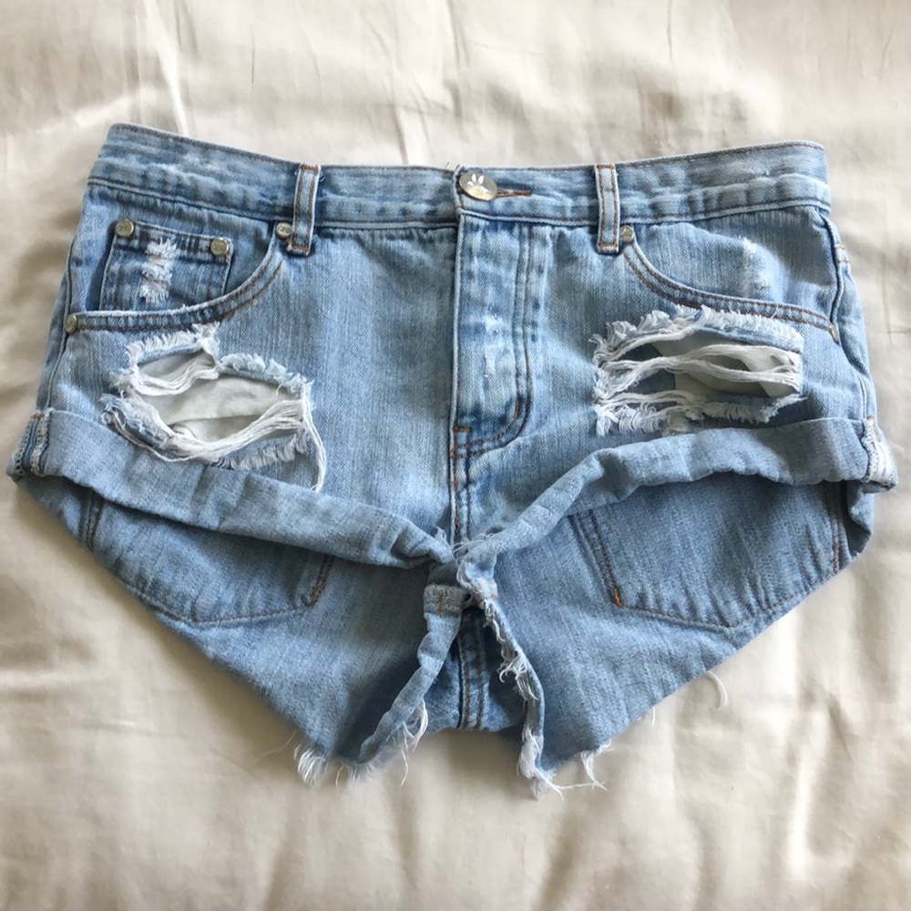 One Teaspoon Light Blue Distressed Jean Shorts